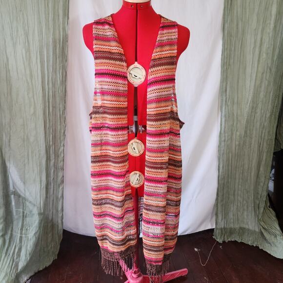 Almost Famous Pink Brown Long Sleeveless Boho Crochet Cardigan Size  2x - Picture 1 of 6